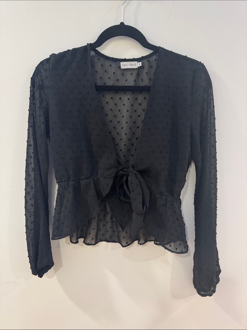 Black Sheer Poka Dot Tie-Front Cropped Blouse